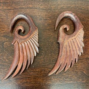 Tawapa Rosewood Hand-carved Hook Angel Wing Earrings 0G/8mm Taper Stretchers.